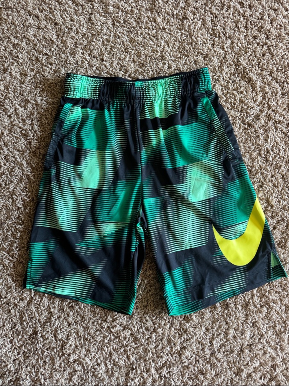 Nike Green and Black Shorts with Yellow Swoosh